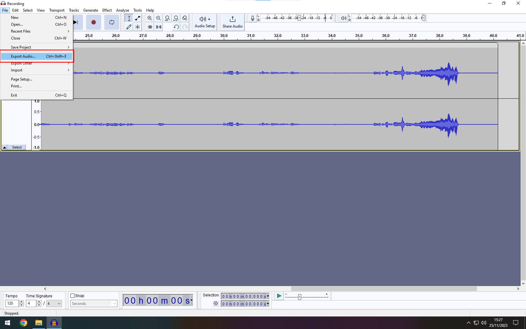 Audacity with file menu open