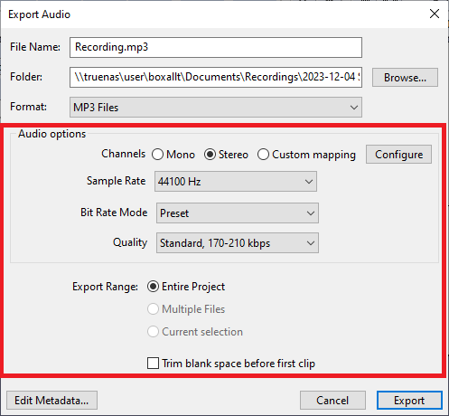 Audacity export window