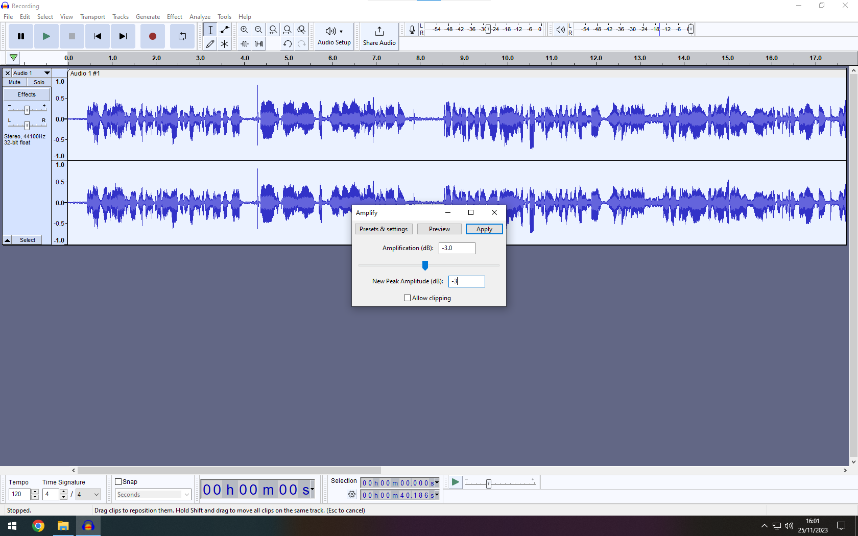 Audacity amplify window