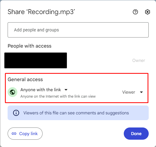 Google drive sharing window